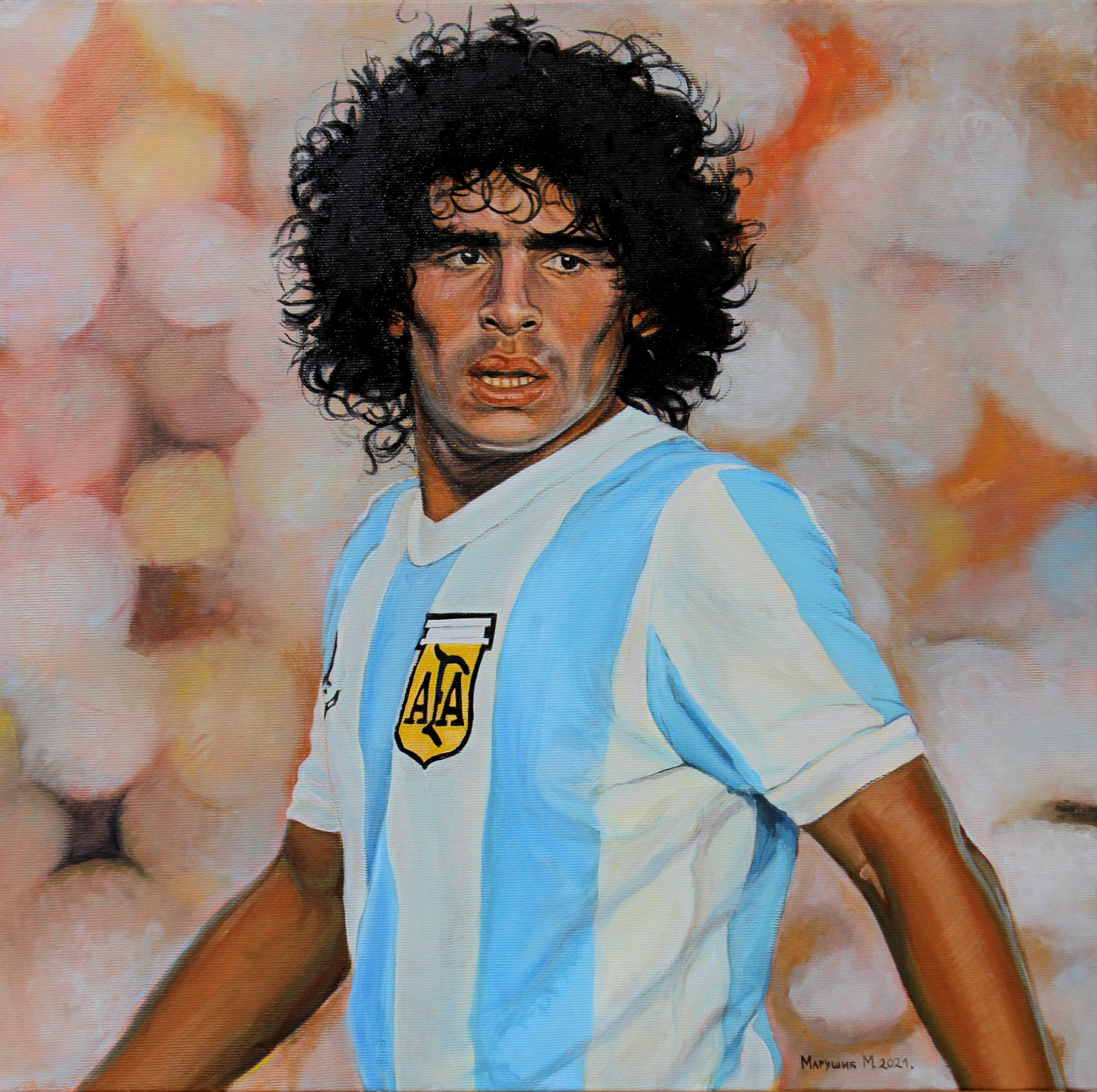 Maradona - 50x50cm Ulje na platnu - Figuracija - Umetnička slika po narudžbini umetnik Milica MARUŠIĆ