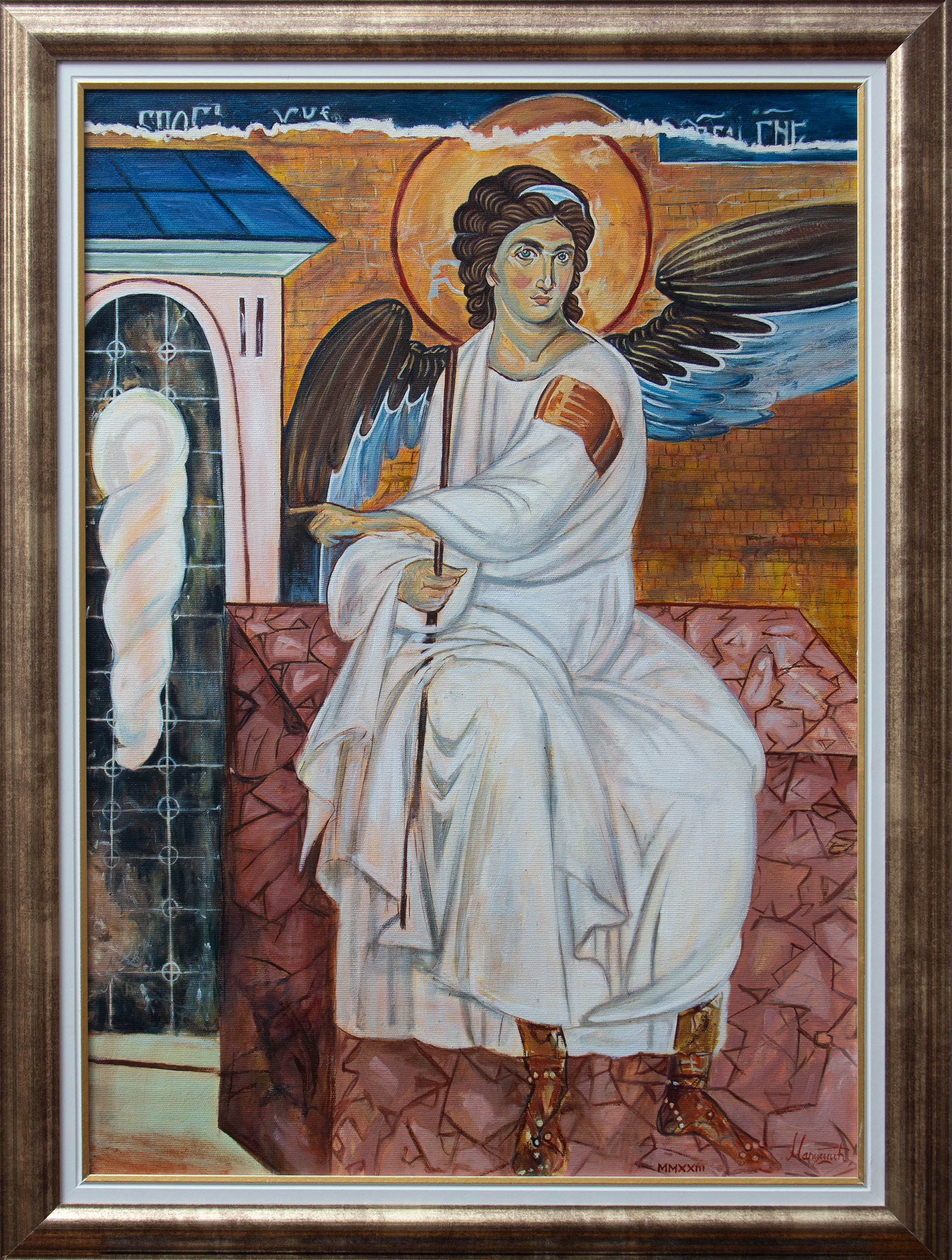Beli Anđeo - Ulje na platnu - Umetnička slika - 81.5x61.5cm Uramljena Pravoslavna Ikona - umetnik Milica MARUŠIĆ