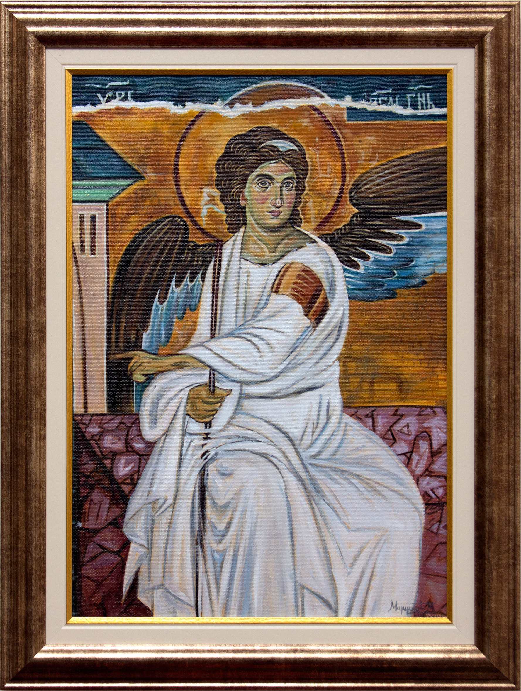 Beli Anđeo – Uramljena Pravoslavna Ikona - 62x48cm Ulje na platnu – Umetnička slika umetnik Milica MARUŠIĆ